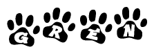 The image shows a series of animal paw prints arranged horizontally. Within each paw print, there's a letter; together they spell Gren