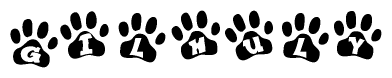 The image shows a row of animal paw prints, each containing a letter. The letters spell out the word Gilhuly within the paw prints.