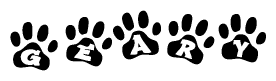 The image shows a series of animal paw prints arranged in a horizontal line. Each paw print contains a letter, and together they spell out the word Geary.