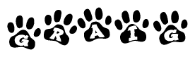 The image shows a series of animal paw prints arranged in a horizontal line. Each paw print contains a letter, and together they spell out the word Graig.