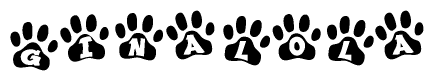 The image shows a row of animal paw prints, each containing a letter. The letters spell out the word Ginalola within the paw prints.