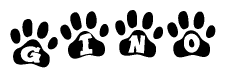 The image shows a series of animal paw prints arranged horizontally. Within each paw print, there's a letter; together they spell Gino