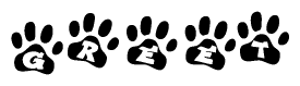 The image shows a series of animal paw prints arranged in a horizontal line. Each paw print contains a letter, and together they spell out the word Greet.