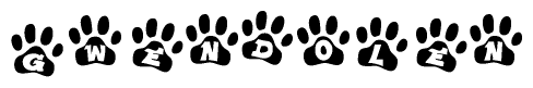 The image shows a series of animal paw prints arranged horizontally. Within each paw print, there's a letter; together they spell Gwendolen