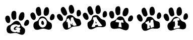 The image shows a series of animal paw prints arranged in a horizontal line. Each paw print contains a letter, and together they spell out the word Gomathi.