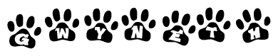 The image shows a row of animal paw prints, each containing a letter. The letters spell out the word Gwyneth within the paw prints.