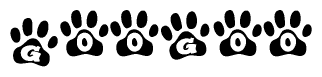 The image shows a series of animal paw prints arranged in a horizontal line. Each paw print contains a letter, and together they spell out the word Googoo.