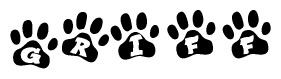 The image shows a series of animal paw prints arranged in a horizontal line. Each paw print contains a letter, and together they spell out the word Griff.