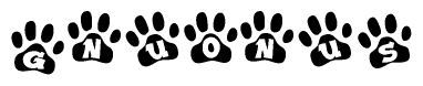 The image shows a row of animal paw prints, each containing a letter. The letters spell out the word Gnuonus within the paw prints.