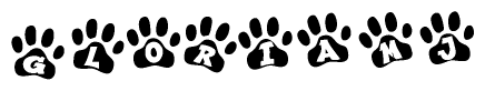The image shows a series of animal paw prints arranged horizontally. Within each paw print, there's a letter; together they spell Gloriamj