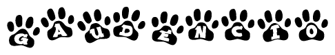 The image shows a series of animal paw prints arranged horizontally. Within each paw print, there's a letter; together they spell Gaudencio
