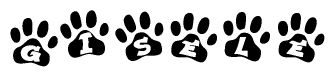 The image shows a series of animal paw prints arranged in a horizontal line. Each paw print contains a letter, and together they spell out the word Gisele.