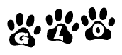 The image shows a series of animal paw prints arranged horizontally. Within each paw print, there's a letter; together they spell Glo