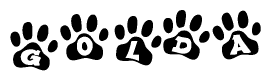The image shows a row of animal paw prints, each containing a letter. The letters spell out the word Golda within the paw prints.