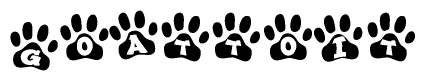 The image shows a series of animal paw prints arranged in a horizontal line. Each paw print contains a letter, and together they spell out the word Goattoit.