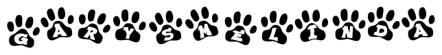 The image shows a series of animal paw prints arranged in a horizontal line. Each paw print contains a letter, and together they spell out the word Garysmelinda.