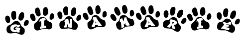 The image shows a series of animal paw prints arranged in a horizontal line. Each paw print contains a letter, and together they spell out the word Ginamarie.