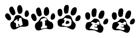 The image shows a row of animal paw prints, each containing a letter. The letters spell out the word Hidee within the paw prints.