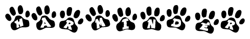 The image shows a series of animal paw prints arranged in a horizontal line. Each paw print contains a letter, and together they spell out the word Harminder.