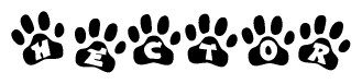 The image shows a series of animal paw prints arranged in a horizontal line. Each paw print contains a letter, and together they spell out the word Hector.