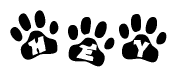 The image shows a row of animal paw prints, each containing a letter. The letters spell out the word Hey within the paw prints.