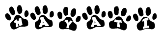 The image shows a series of animal paw prints arranged horizontally. Within each paw print, there's a letter; together they spell Hayati