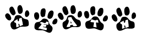 The image shows a series of animal paw prints arranged in a horizontal line. Each paw print contains a letter, and together they spell out the word Heath.