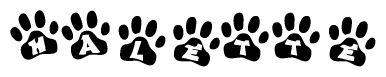 The image shows a row of animal paw prints, each containing a letter. The letters spell out the word Halette within the paw prints.