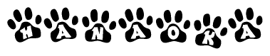 The image shows a series of animal paw prints arranged horizontally. Within each paw print, there's a letter; together they spell Hanaoka