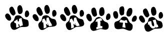 The image shows a series of animal paw prints arranged horizontally. Within each paw print, there's a letter; together they spell Hmmitu
