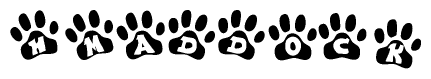 The image shows a series of animal paw prints arranged horizontally. Within each paw print, there's a letter; together they spell Hmaddock