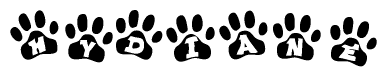 The image shows a series of animal paw prints arranged horizontally. Within each paw print, there's a letter; together they spell Hydiane