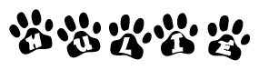 The image shows a row of animal paw prints, each containing a letter. The letters spell out the word Hulie within the paw prints.