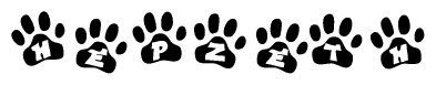 The image shows a series of animal paw prints arranged horizontally. Within each paw print, there's a letter; together they spell Hepzeth