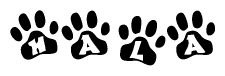 The image shows a series of animal paw prints arranged in a horizontal line. Each paw print contains a letter, and together they spell out the word Hala.