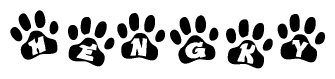 The image shows a series of animal paw prints arranged horizontally. Within each paw print, there's a letter; together they spell Hengky