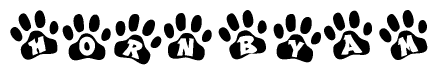 The image shows a series of animal paw prints arranged horizontally. Within each paw print, there's a letter; together they spell Hornbyam
