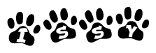 The image shows a series of animal paw prints arranged in a horizontal line. Each paw print contains a letter, and together they spell out the word Issy.