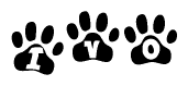 The image shows a row of animal paw prints, each containing a letter. The letters spell out the word Ivo within the paw prints.