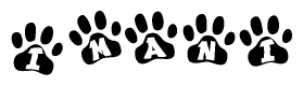 The image shows a series of animal paw prints arranged in a horizontal line. Each paw print contains a letter, and together they spell out the word Imani.