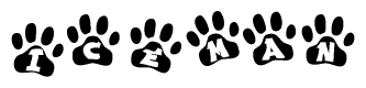 The image shows a series of animal paw prints arranged in a horizontal line. Each paw print contains a letter, and together they spell out the word Iceman.