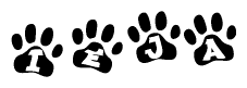 The image shows a row of animal paw prints, each containing a letter. The letters spell out the word Ieja within the paw prints.