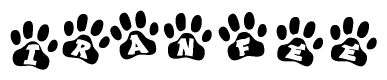 The image shows a row of animal paw prints, each containing a letter. The letters spell out the word Iranfee within the paw prints.