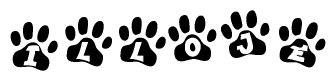 The image shows a series of animal paw prints arranged in a horizontal line. Each paw print contains a letter, and together they spell out the word Illoje.