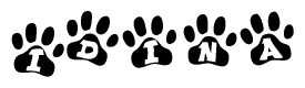 The image shows a series of animal paw prints arranged horizontally. Within each paw print, there's a letter; together they spell Idina