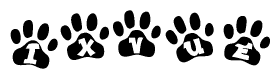 The image shows a row of animal paw prints, each containing a letter. The letters spell out the word Ixvue within the paw prints.