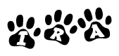 The image shows a series of animal paw prints arranged horizontally. Within each paw print, there's a letter; together they spell Ira