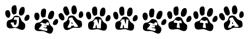The image shows a series of animal paw prints arranged in a horizontal line. Each paw print contains a letter, and together they spell out the word Jeannetta.
