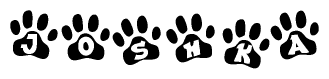The image shows a series of animal paw prints arranged in a horizontal line. Each paw print contains a letter, and together they spell out the word Joshka.