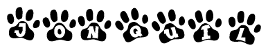 The image shows a row of animal paw prints, each containing a letter. The letters spell out the word Jonquil within the paw prints.